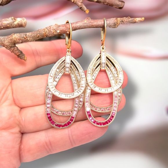 Pink Sapphire & CZ Earrings | 14K Yellow Gold Vermeil | Handmade | Nickel Free - Picture 2 of 7